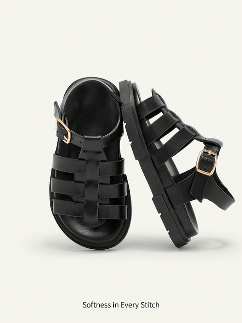 Cozy Pixies A Pair Of Stylish Versatile Retro Roman Sandals, Girls' Black Woven Open-Toed Sandals, Summer Soft-Soled Versatile Princess Shoes, Seaside Vacation Fashion Baby Sandals