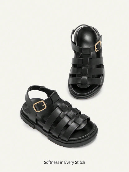 Cozy Pixies A Pair Of Stylish Versatile Retro Roman Sandals, Girls' Black Woven Open-Toed Sandals, Summer Soft-Soled Versatile Princess Shoes, Seaside Vacation Fashion Baby Sandals