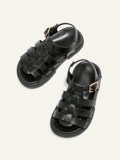 Cozy Pixies A Pair Of Stylish Versatile Retro Roman Sandals, Girls' Black Woven Open-Toed Sandals, Summer Soft-Soled Versatile Princess Shoes, Seaside Vacation Fashion Baby Sandals