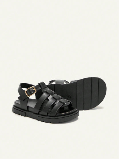 Cozy Pixies A Pair Of Stylish Versatile Retro Roman Sandals, Girls' Black Woven Open-Toed Sandals, Summer Soft-Soled Versatile Princess Shoes, Seaside Vacation Fashion Baby Sandals
