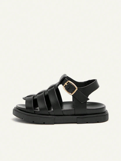 Cozy Pixies A Pair Of Stylish Versatile Retro Roman Sandals, Girls' Black Woven Open-Toed Sandals, Summer Soft-Soled Versatile Princess Shoes, Seaside Vacation Fashion Baby Sandals