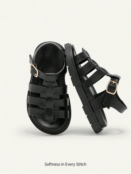 Cozy Pixies A Pair Of Stylish Versatile Retro Roman Sandals, Girls' Black Woven Open-Toed Sandals, Summer Soft-Soled Versatile Princess Shoes, Seaside Vacation Fashion Baby Sandals