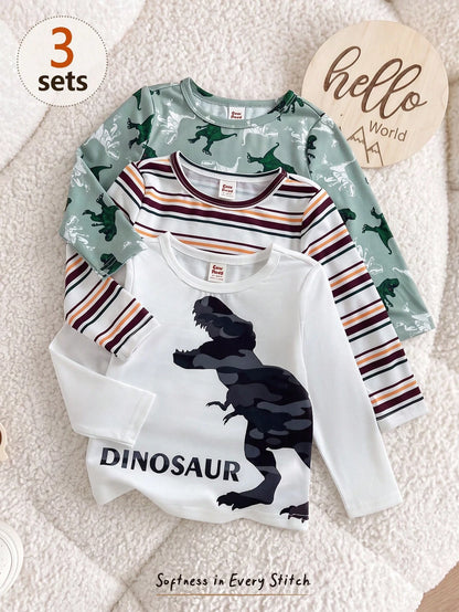 Cozy Pixies Baby Boys Kids Cute Dinosaur & Striped Print 3pcs-Piece Top Set, Casual Everyday Fashion Versatile