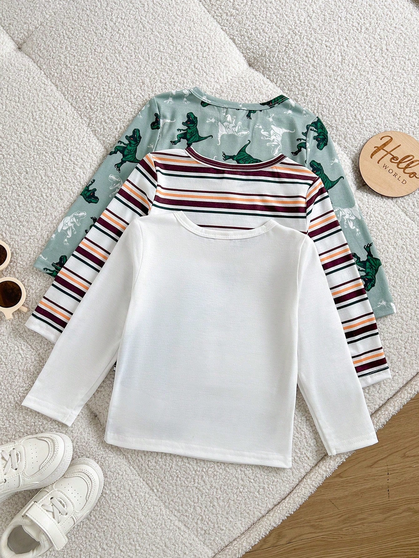 Cozy Pixies Baby Boys Kids Cute Dinosaur & Striped Print 3pcs-Piece Top Set, Casual Everyday Fashion Versatile