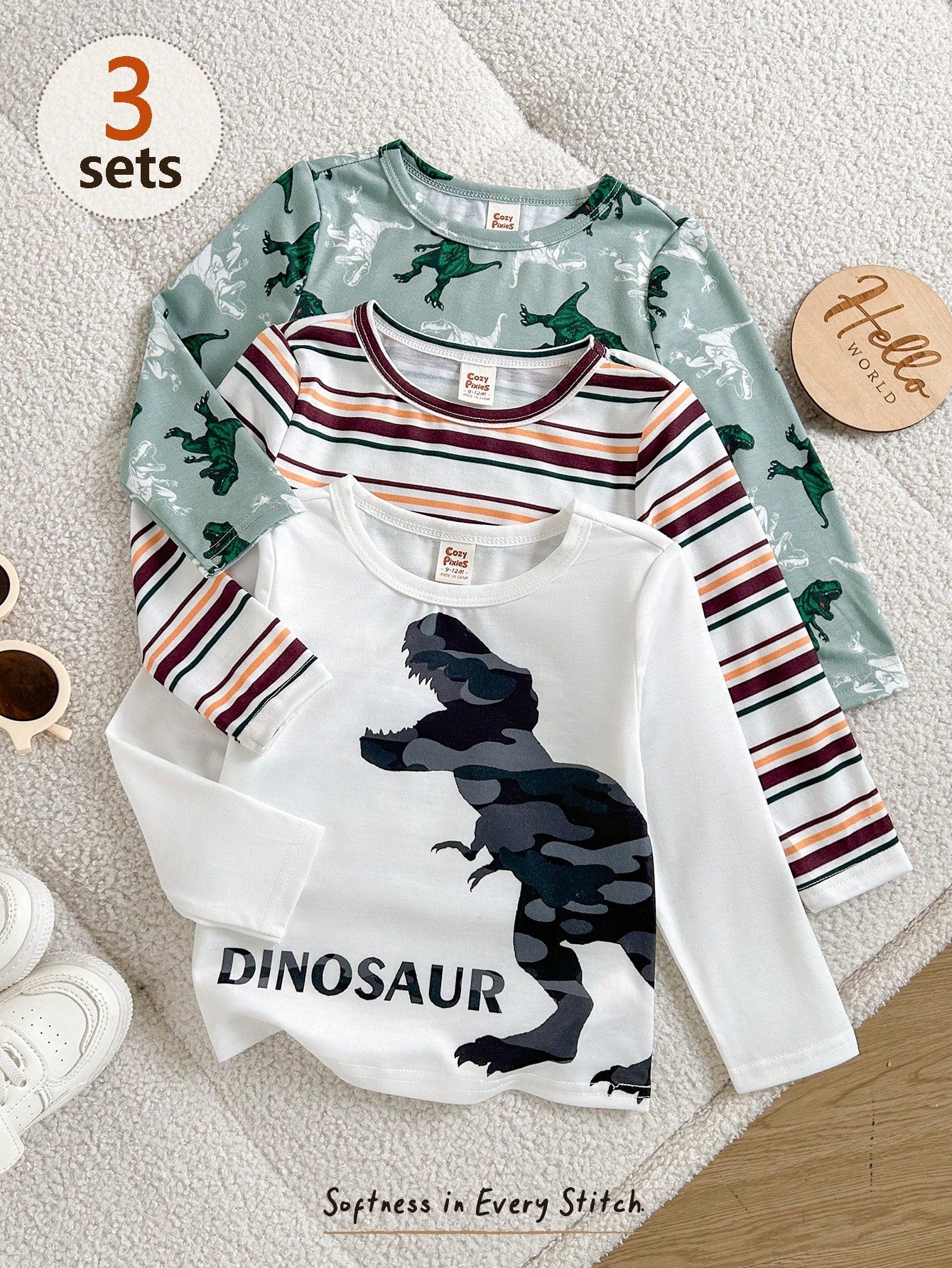 Cozy Pixies Baby Boys Kids Cute Dinosaur & Striped Print 3pcs-Piece Top Set, Casual Everyday Fashion Versatile