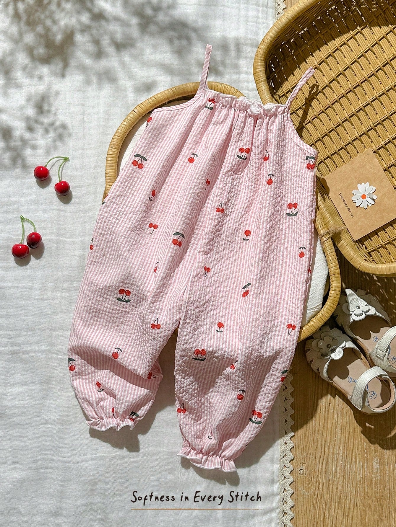 Cozy Pixies Baby Girl Cherry Print Casual Jumpsuit, Summer