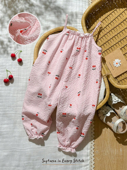 Cozy Pixies Baby Girl Cherry Print Casual Jumpsuit, Summer