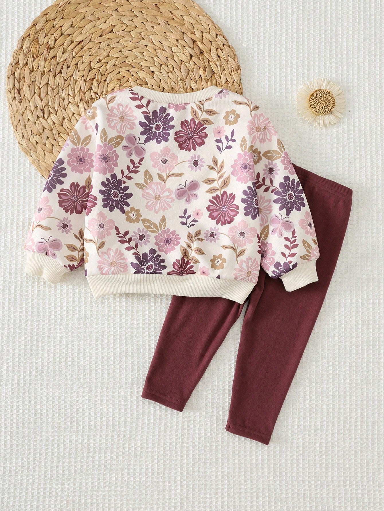 Cozy Pixies Baby Girl Floral Pattern Knit Soft Crew Neck Long Sleeve Pullover Sweatshirt Elastic Waist Long Autumn Winter Pants 2pcs Set