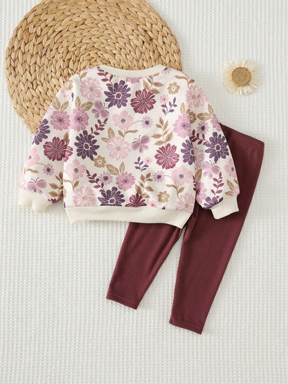 Cozy Pixies Baby Girl Floral Pattern Knit Soft Crew Neck Long Sleeve Pullover Sweatshirt Elastic Waist Long Autumn Winter Pants 2pcs Set