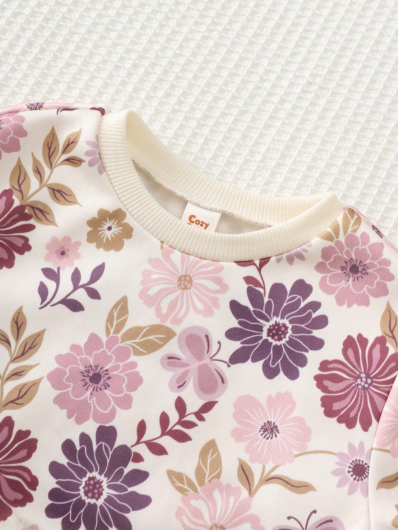 Cozy Pixies Baby Girl Floral Pattern Knit Soft Crew Neck Long Sleeve Pullover Sweatshirt Elastic Waist Long Autumn Winter Pants 2pcs Set