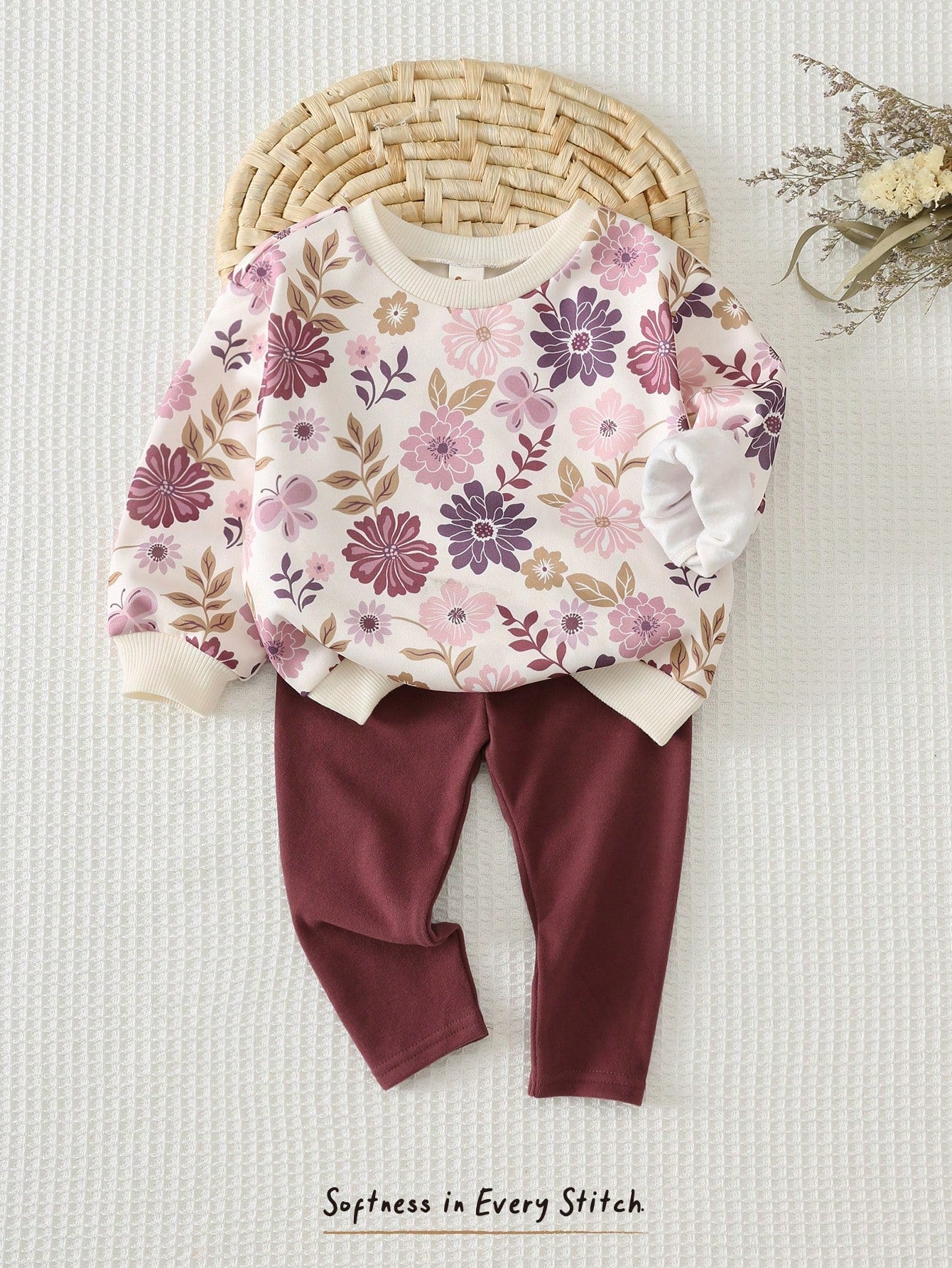 Cozy Pixies Baby Girl Floral Pattern Knit Soft Crew Neck Long Sleeve Pullover Sweatshirt Elastic Waist Long Autumn Winter Pants 2pcs Set