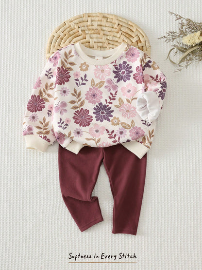 Cozy Pixies Baby Girl Floral Pattern Knit Soft Crew Neck Long Sleeve Pullover Sweatshirt Elastic Waist Long Autumn Winter Pants 2pcs Set