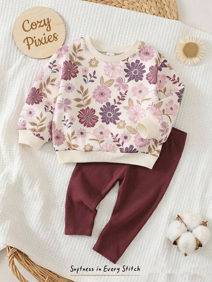 Cozy Pixies Baby Girl Floral Pattern Knit Soft Crew Neck Long Sleeve Pullover Sweatshirt Elastic Waist Long Autumn Winter Pants 2pcs Set