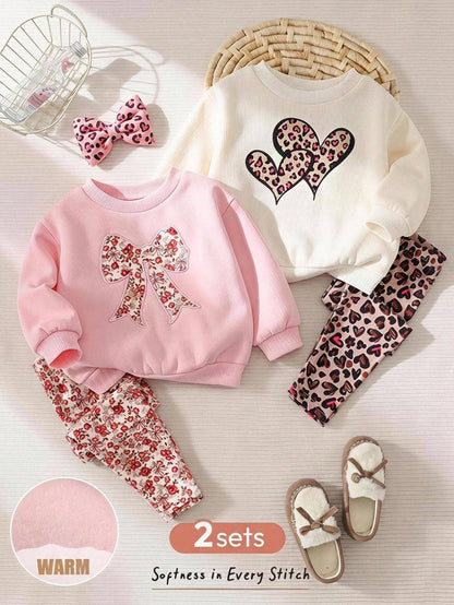 Cozy Pixies Baby Girl Pattern Bow Pattern Floral Print Knit Soft Round Neck Long Sleeve Pullover Sweatshirt Elastic Waist Long Autumn Winter Pants 2pcs-Piece Set