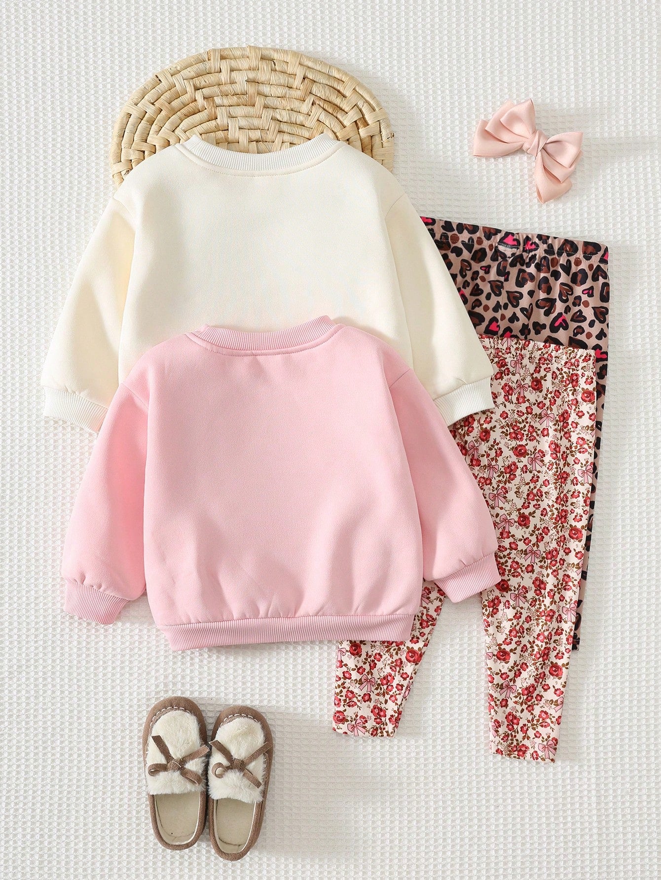 Cozy Pixies Baby Girl Pattern Bow Pattern Floral Print Knit Soft Round Neck Long Sleeve Pullover Sweatshirt Elastic Waist Long Autumn Winter Pants 2pcs-Piece Set