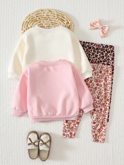 Cozy Pixies Baby Girl Pattern Bow Pattern Floral Print Knit Soft Round Neck Long Sleeve Pullover Sweatshirt Elastic Waist Long Autumn Winter Pants 2pcs-Piece Set