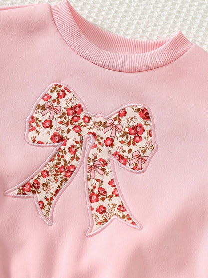 Cozy Pixies Baby Girl Pattern Bow Pattern Floral Print Knit Soft Round Neck Long Sleeve Pullover Sweatshirt Elastic Waist Long Autumn Winter Pants 2pcs-Piece Set