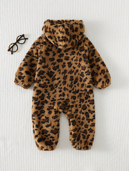 Cozy Pixies Baby Girls Cartoon Animal Leopard Print Thermal Lined Hooded Zip-Up Long Sleeve Jumpsuit, Suitable For Winter