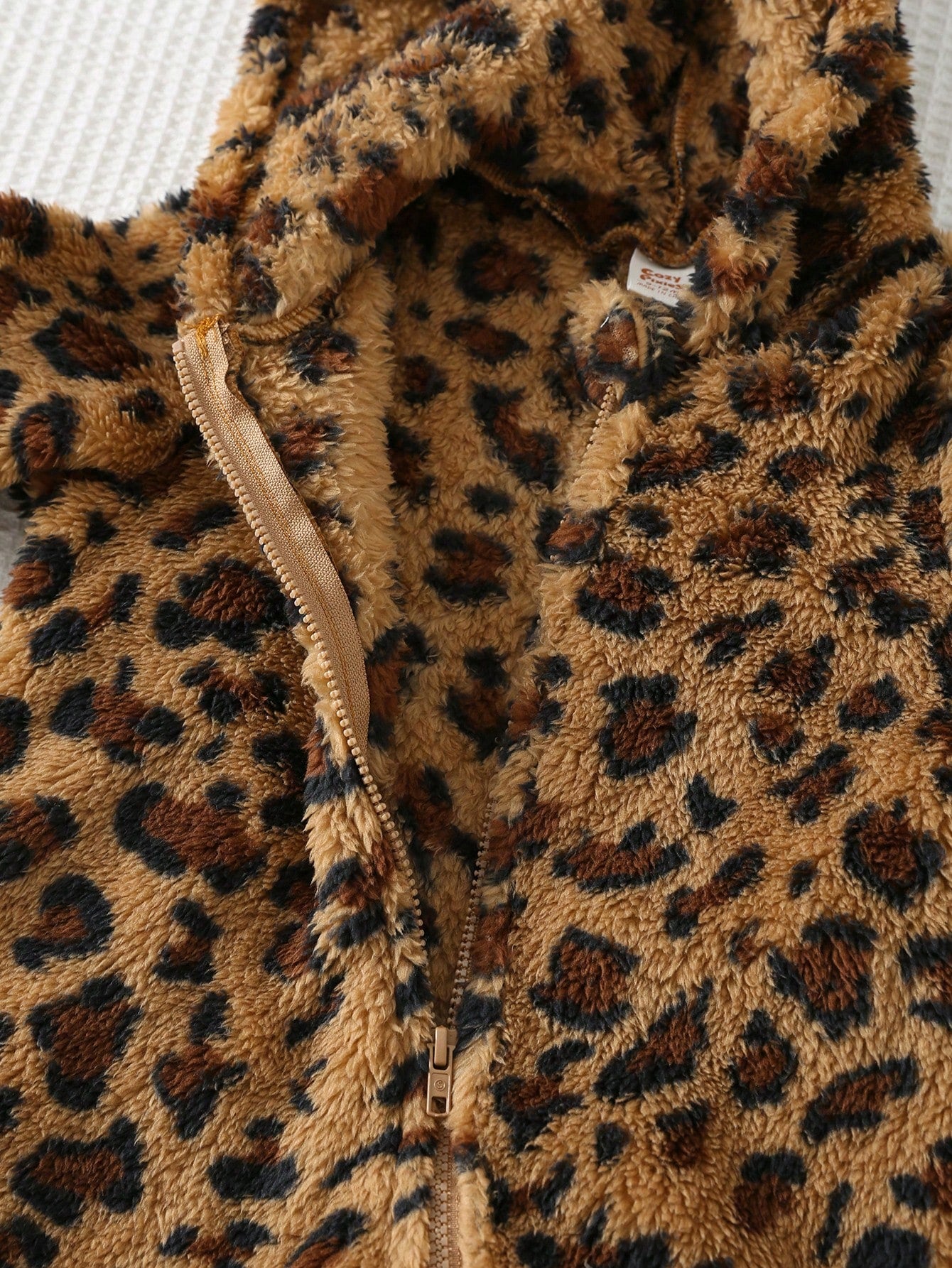 Cozy Pixies Baby Girls Cartoon Animal Leopard Print Thermal Lined Hooded Zip-Up Long Sleeve Jumpsuit, Suitable For Winter