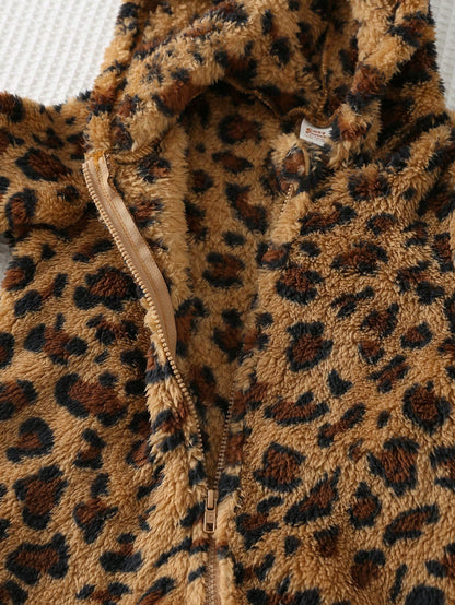 Cozy Pixies Baby Girls Cartoon Animal Leopard Print Thermal Lined Hooded Zip-Up Long Sleeve Jumpsuit, Suitable For Winter