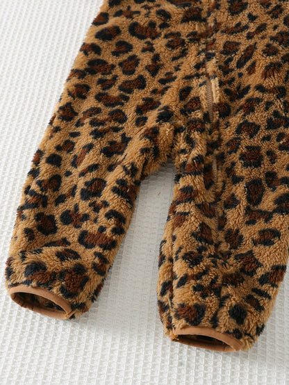 Cozy Pixies Baby Girls Cartoon Animal Leopard Print Thermal Lined Hooded Zip-Up Long Sleeve Jumpsuit, Suitable For Winter