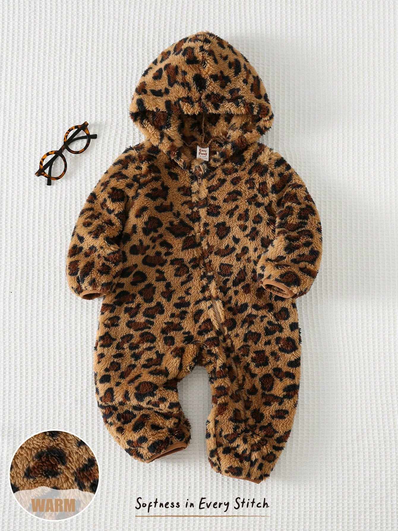 Cozy Pixies Baby Girls Cartoon Animal Leopard Print Thermal Lined Hooded Zip-Up Long Sleeve Jumpsuit, Suitable For Winter