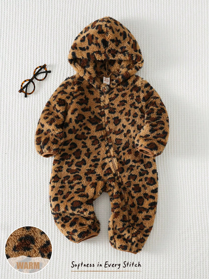 Cozy Pixies Baby Girls Cartoon Animal Leopard Print Thermal Lined Hooded Zip-Up Long Sleeve Jumpsuit, Suitable For Winter