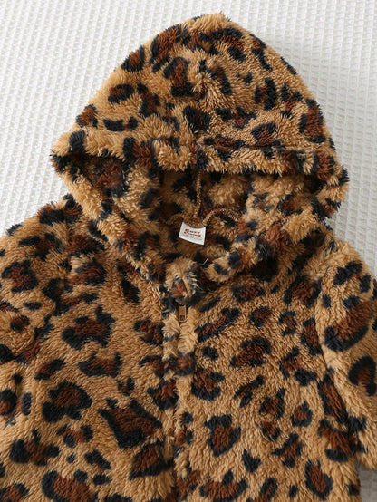 Cozy Pixies Baby Girls Cartoon Animal Leopard Print Thermal Lined Hooded Zip-Up Long Sleeve Jumpsuit, Suitable For Winter