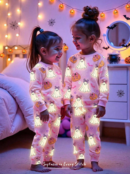 Cozy Pixies Kids Baby Girl Cute Halloween Naughty Little Ghost, Pink Bow Pumpkin Floral Pattern, Ghostly Adorable, Trick Or Treat, Little Girl Casual Simple Comfortable Long Sleeve Long Pants Loungewe