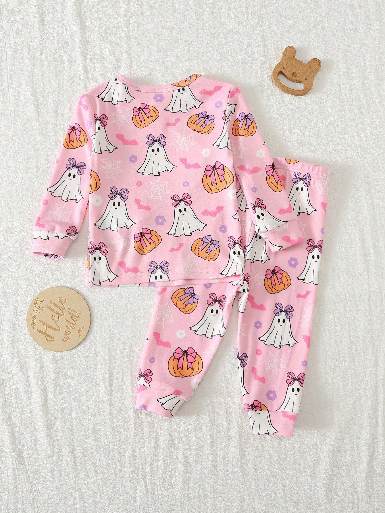 Cozy Pixies Kids Baby Girl Cute Halloween Naughty Little Ghost, Pink Bow Pumpkin Floral Pattern, Ghostly Adorable, Trick Or Treat, Little Girl Casual Simple Comfortable Long Sleeve Long Pants Loungewe