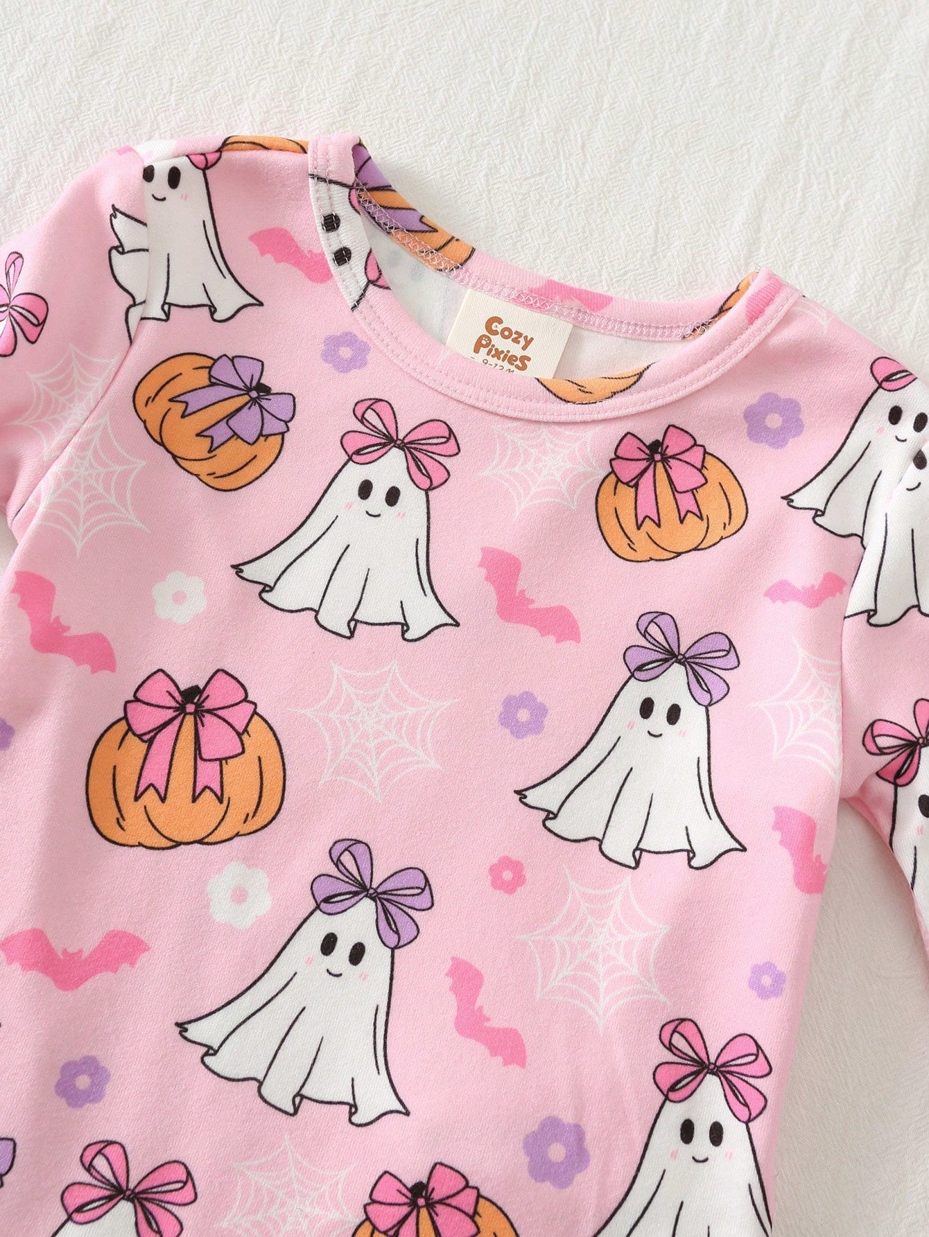 Cozy Pixies Kids Baby Girl Cute Halloween Naughty Little Ghost, Pink Bow Pumpkin Floral Pattern, Ghostly Adorable, Trick Or Treat, Little Girl Casual Simple Comfortable Long Sleeve Long Pants Loungewe