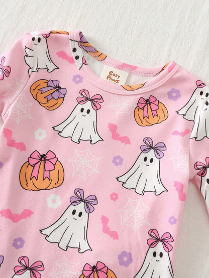 Cozy Pixies Kids Baby Girl Cute Halloween Naughty Little Ghost, Pink Bow Pumpkin Floral Pattern, Ghostly Adorable, Trick Or Treat, Little Girl Casual Simple Comfortable Long Sleeve Long Pants Loungewe