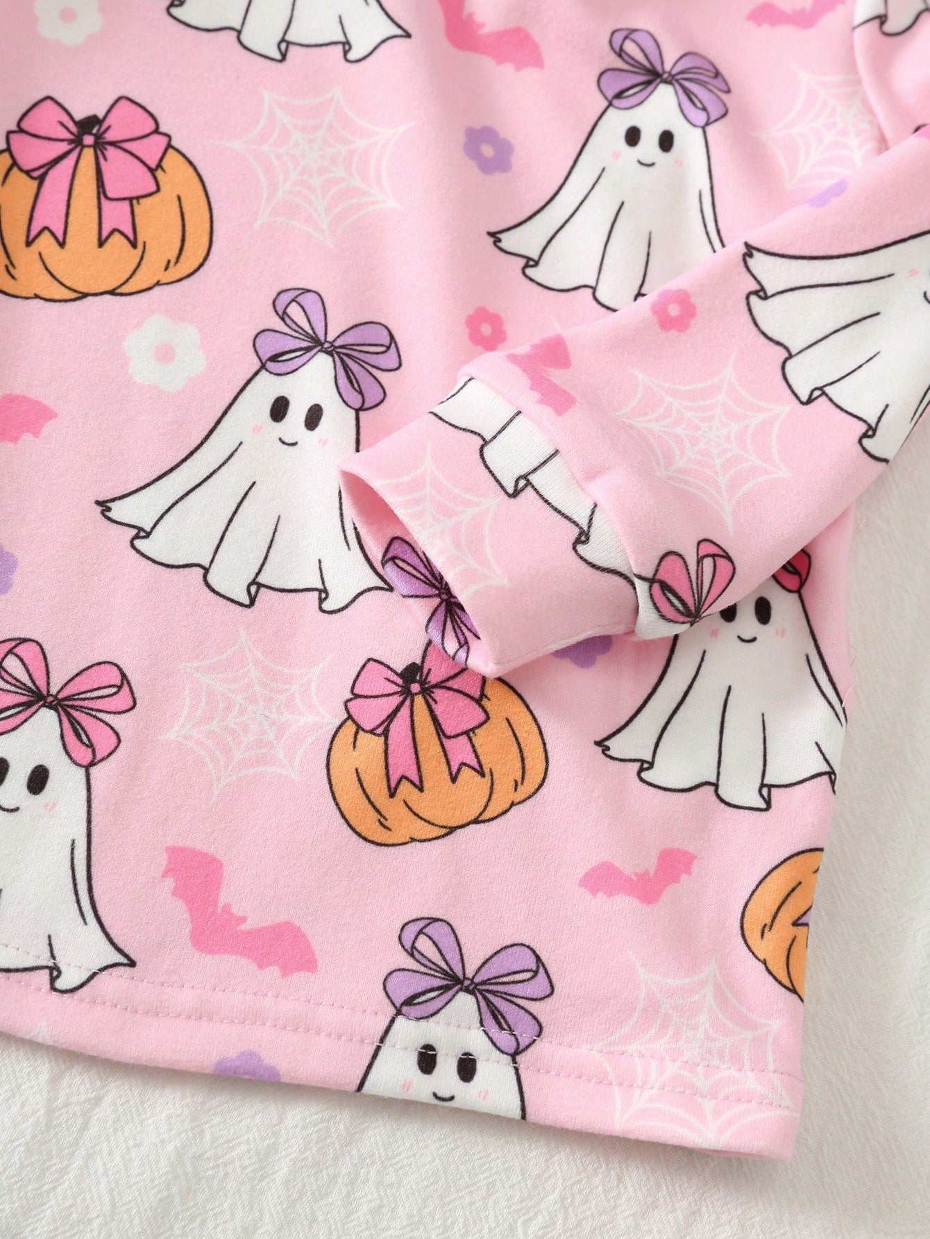 Cozy Pixies Kids Baby Girl Cute Halloween Naughty Little Ghost, Pink Bow Pumpkin Floral Pattern, Ghostly Adorable, Trick Or Treat, Little Girl Casual Simple Comfortable Long Sleeve Long Pants Loungewe