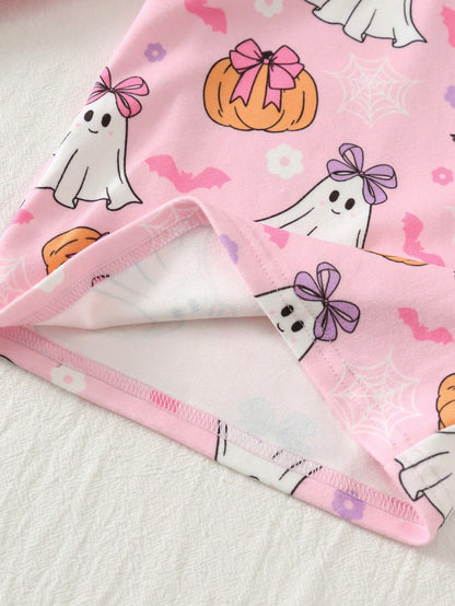 Cozy Pixies Kids Baby Girl Cute Halloween Naughty Little Ghost, Pink Bow Pumpkin Floral Pattern, Ghostly Adorable, Trick Or Treat, Little Girl Casual Simple Comfortable Long Sleeve Long Pants Loungewe