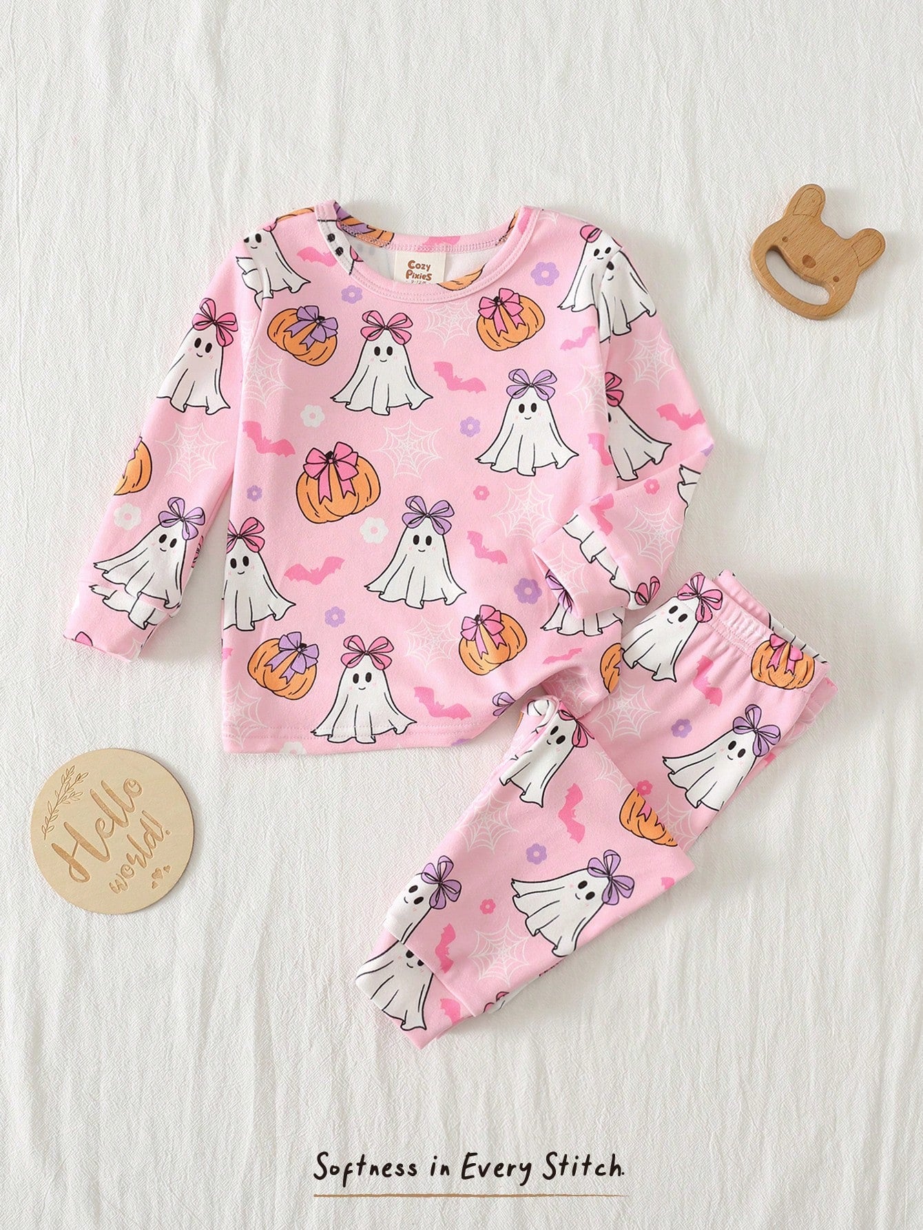 Cozy Pixies Kids Baby Girl Cute Halloween Naughty Little Ghost, Pink Bow Pumpkin Floral Pattern, Ghostly Adorable, Trick Or Treat, Little Girl Casual Simple Comfortable Long Sleeve Long Pants Loungewe
