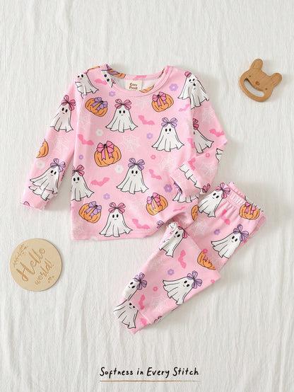 Cozy Pixies Kids Baby Girl Cute Halloween Naughty Little Ghost, Pink Bow Pumpkin Floral Pattern, Ghostly Adorable, Trick Or Treat, Little Girl Casual Simple Comfortable Long Sleeve Long Pants Loungewe