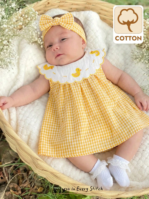 Cozy Pixies Newborn Baby Girl Cartoon Duck Pattern Contrast Color Round Neck Sleeveless Dress