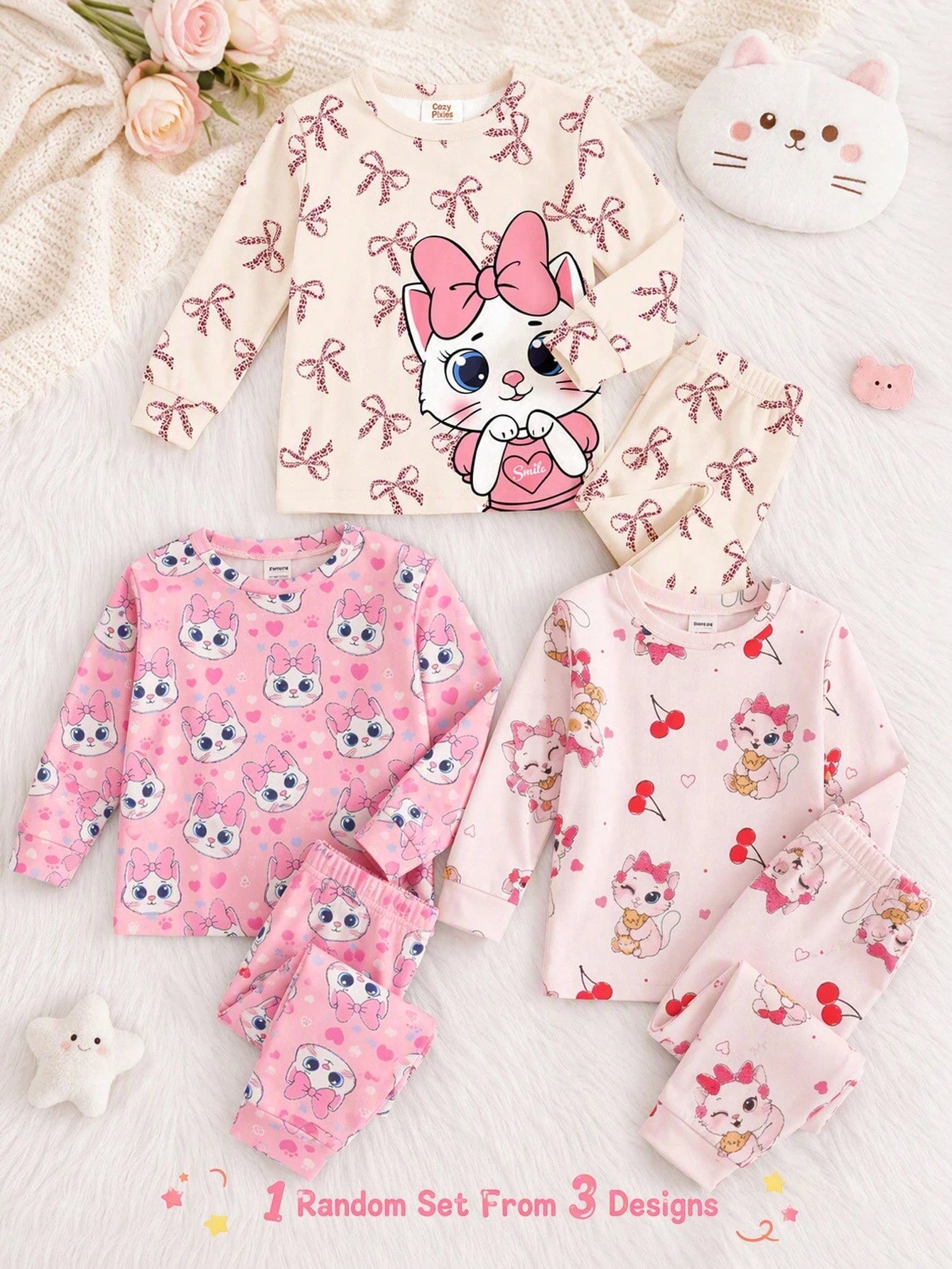 Cream White & Cream Pink, Sweet Cute Cat Animal Print, Baby Girl Casual Simple Snug Fit Comfortable Round Neck Long Sleeve Top & Pants Loungewear Set, Snug Fit, Easy Comfort, Girly Sweet, Random 1 Set