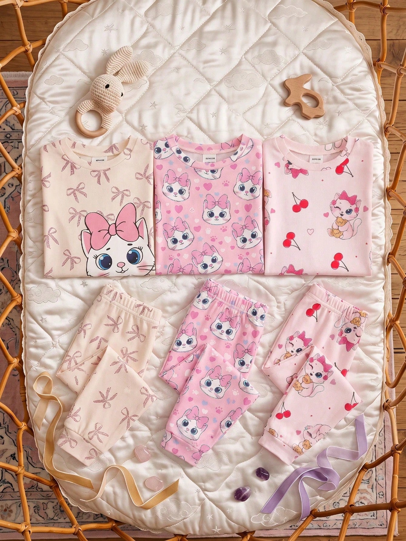 Cream White & Cream Pink, Sweet Cute Cat Animal Print, Baby Girl Casual Simple Snug Fit Comfortable Round Neck Long Sleeve Top & Pants Loungewear Set, Snug Fit, Easy Comfort, Girly Sweet, Random 1 Set