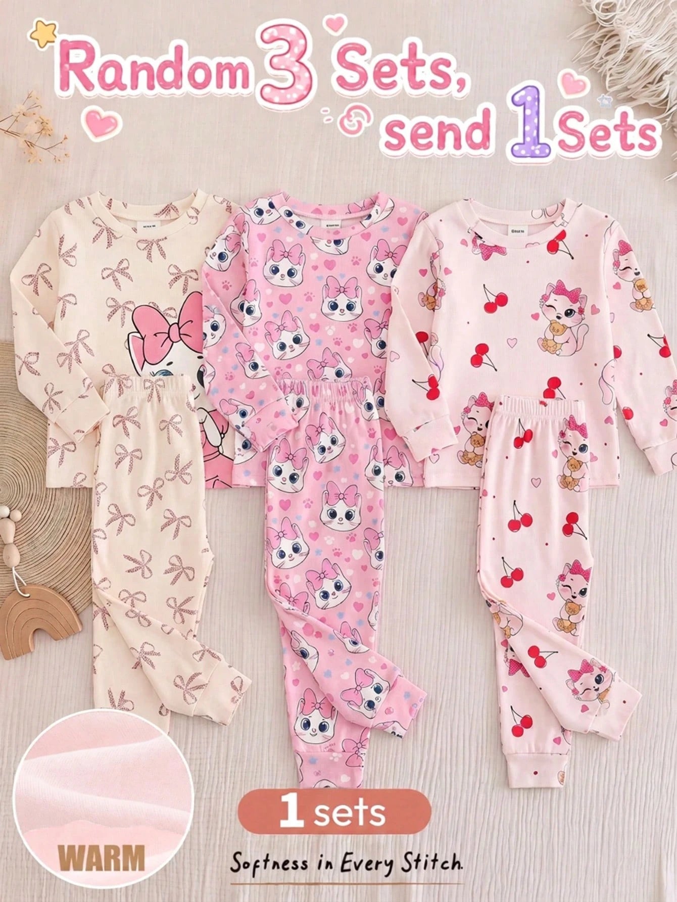 Cream White & Cream Pink, Sweet Cute Cat Animal Print, Baby Girl Casual Simple Snug Fit Comfortable Round Neck Long Sleeve Top & Pants Loungewear Set, Snug Fit, Easy Comfort, Girly Sweet, Random 1 Set