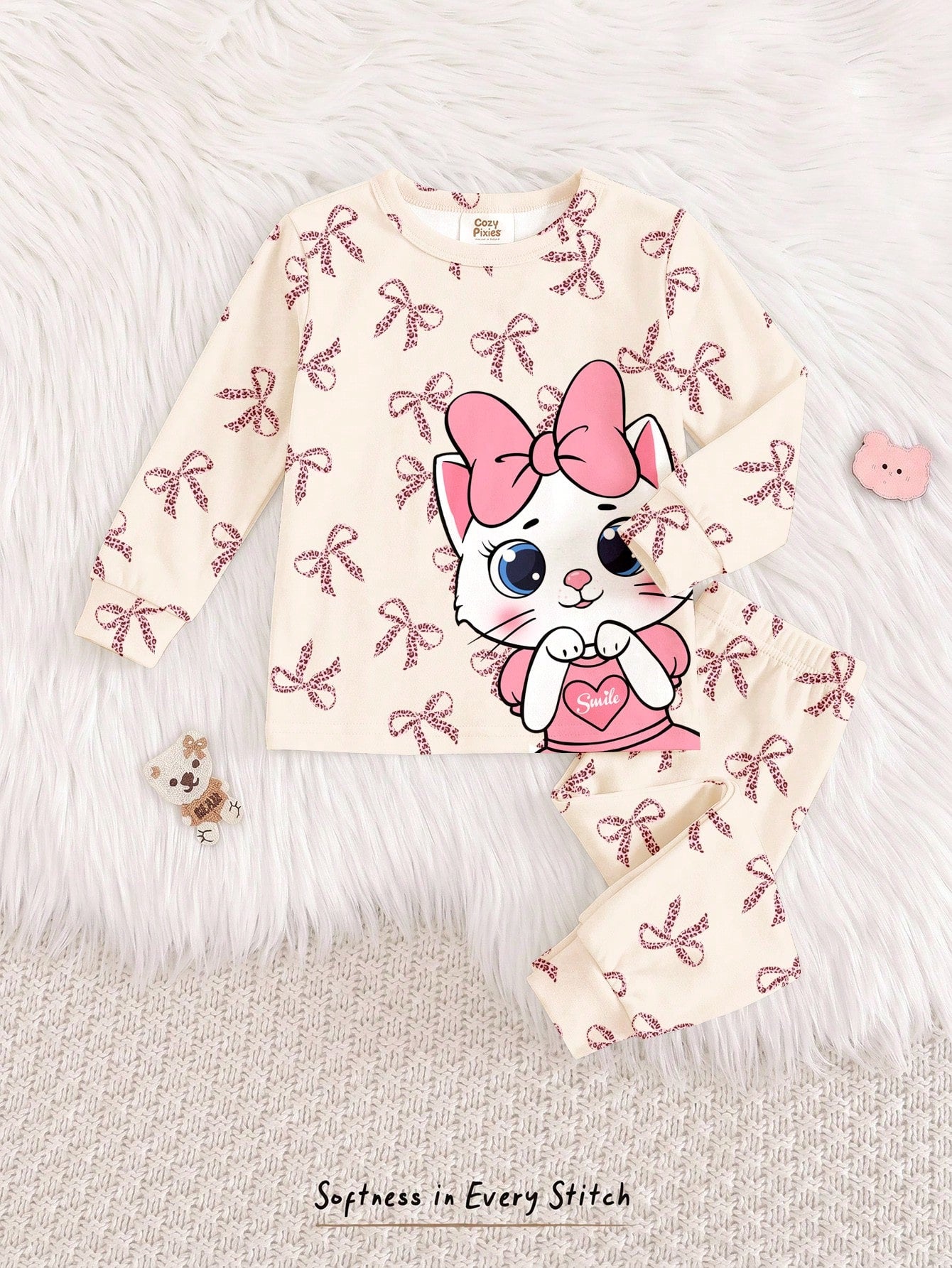 Cream White & Cream Pink, Sweet Cute Cat Animal Print, Baby Girl Casual Simple Snug Fit Comfortable Round Neck Long Sleeve Top & Pants Loungewear Set, Snug Fit, Easy Comfort, Girly Sweet, Random 1 Set