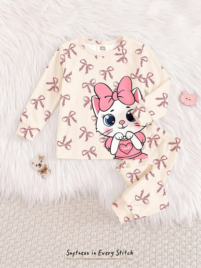 Cream White & Cream Pink, Sweet Cute Cat Animal Print, Baby Girl Casual Simple Snug Fit Comfortable Round Neck Long Sleeve Top & Pants Loungewear Set, Snug Fit, Easy Comfort, Girly Sweet, Random 1 Set