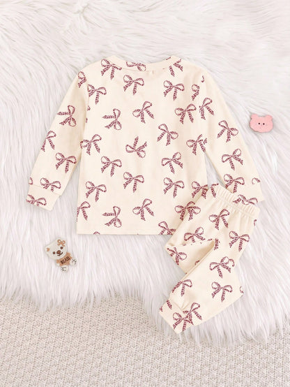 Cream White & Cream Pink, Sweet Cute Cat Animal Print, Baby Girl Casual Simple Snug Fit Comfortable Round Neck Long Sleeve Top & Pants Loungewear Set, Snug Fit, Easy Comfort, Girly Sweet, Random 1 Set
