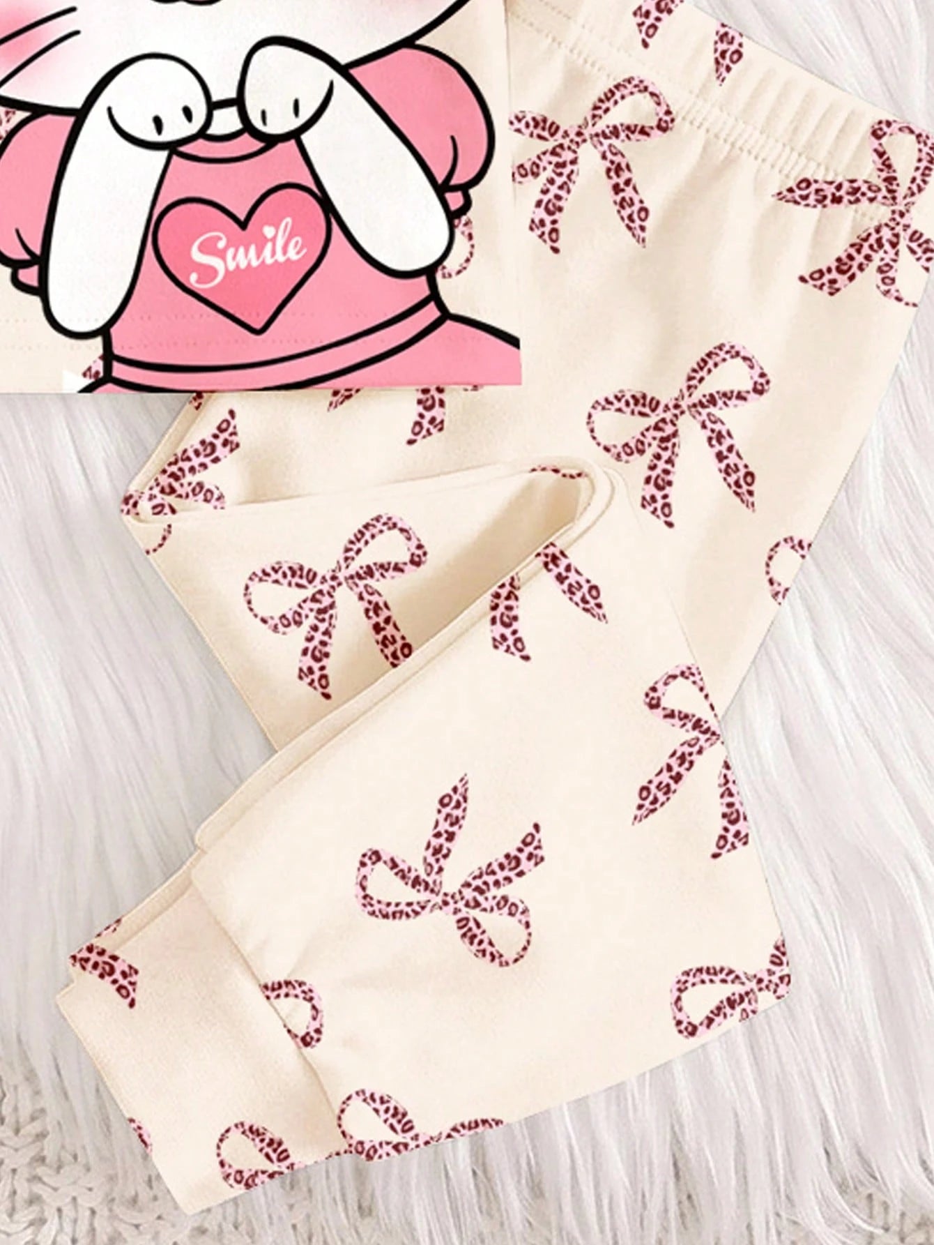 Cream White & Cream Pink, Sweet Cute Cat Animal Print, Baby Girl Casual Simple Snug Fit Comfortable Round Neck Long Sleeve Top & Pants Loungewear Set, Snug Fit, Easy Comfort, Girly Sweet, Random 1 Set