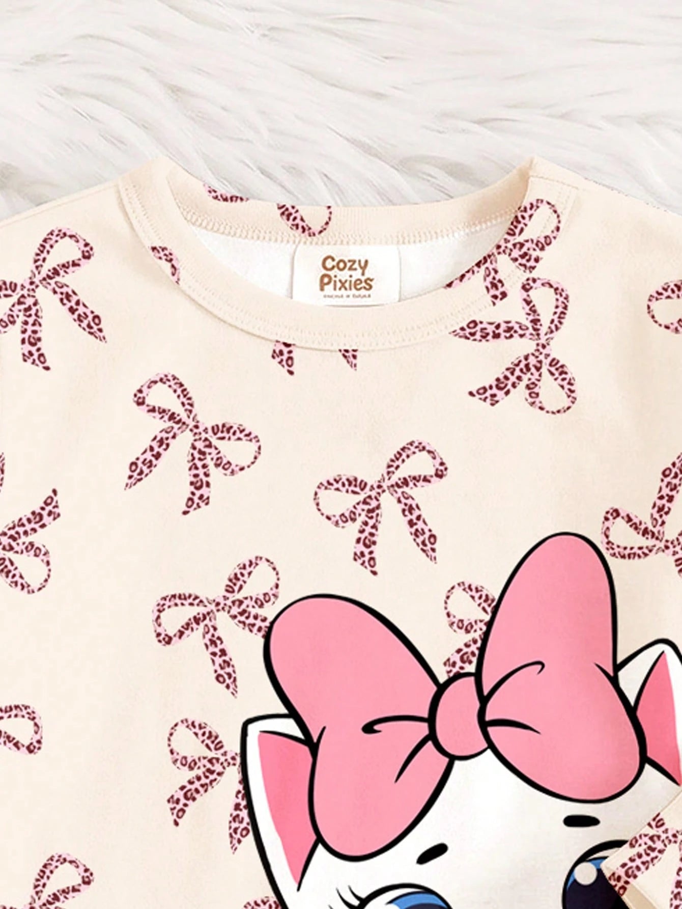 Cream White & Cream Pink, Sweet Cute Cat Animal Print, Baby Girl Casual Simple Snug Fit Comfortable Round Neck Long Sleeve Top & Pants Loungewear Set, Snug Fit, Easy Comfort, Girly Sweet, Random 1 Set