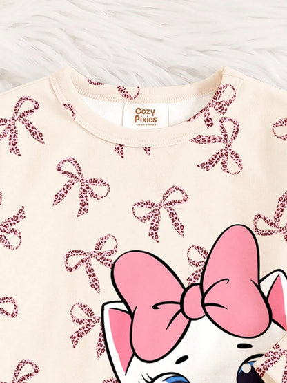 Cream White & Cream Pink, Sweet Cute Cat Animal Print, Baby Girl Casual Simple Snug Fit Comfortable Round Neck Long Sleeve Top & Pants Loungewear Set, Snug Fit, Easy Comfort, Girly Sweet, Random 1 Set