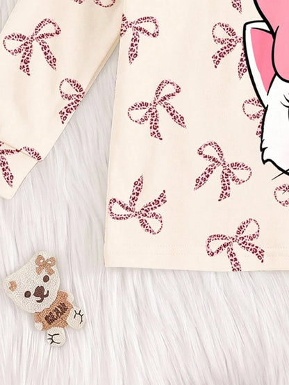 Cream White & Cream Pink, Sweet Cute Cat Animal Print, Baby Girl Casual Simple Snug Fit Comfortable Round Neck Long Sleeve Top & Pants Loungewear Set, Snug Fit, Easy Comfort, Girly Sweet, Random 1 Set