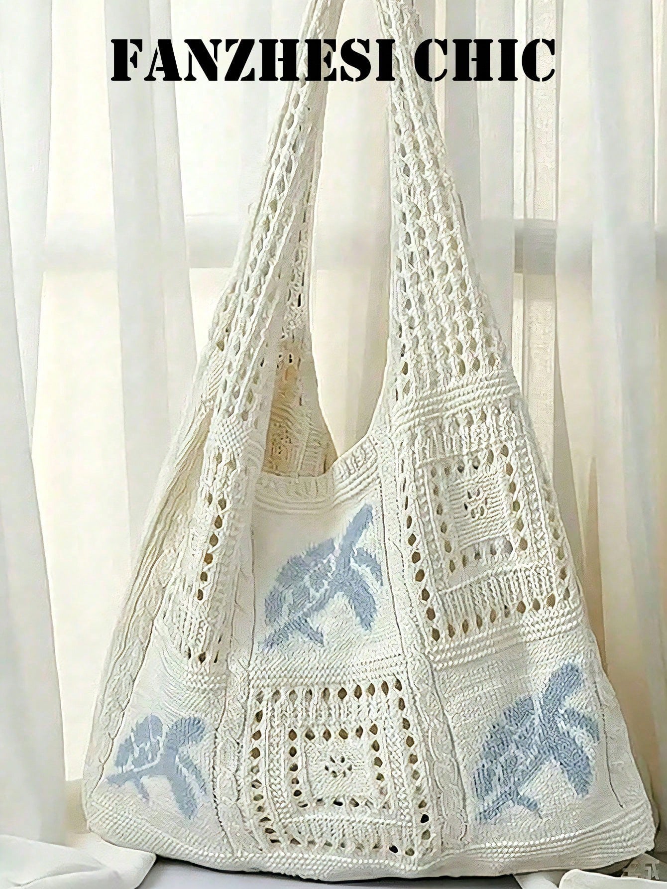 Cream White Hollow Crochet Patchwork Shoulder Bag, Decorated With Light Blue Floral Embroidery. This Large Capacity Knitted Shoulder Bag Is An Ideal Choice For Summer Vacations, A Must-Have Item For S