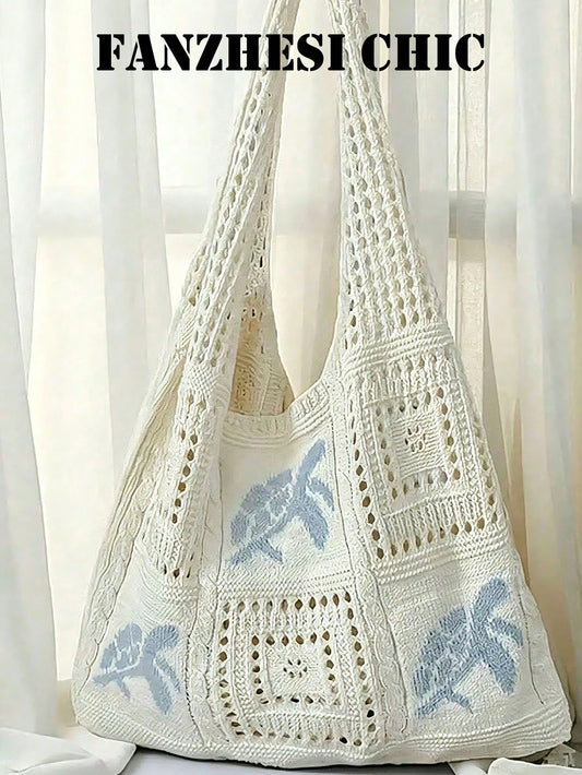 Cream White Hollow Crochet Patchwork Shoulder Bag, Decorated With Light Blue Floral Embroidery. This Large Capacity Knitted Shoulder Bag Is An Ideal Choice For Summer Vacations, A Must-Have Item For S