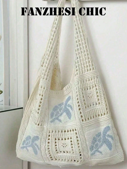 Cream White Hollow Crochet Patchwork Shoulder Bag, Decorated With Light Blue Floral Embroidery. This Large Capacity Knitted Shoulder Bag Is An Ideal Choice For Summer Vacations, A Must-Have Item For S